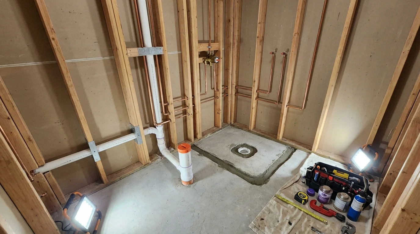 Bathroom rough-in plumbing during remodel by Johns Plumbing LLC in Ben Lomond