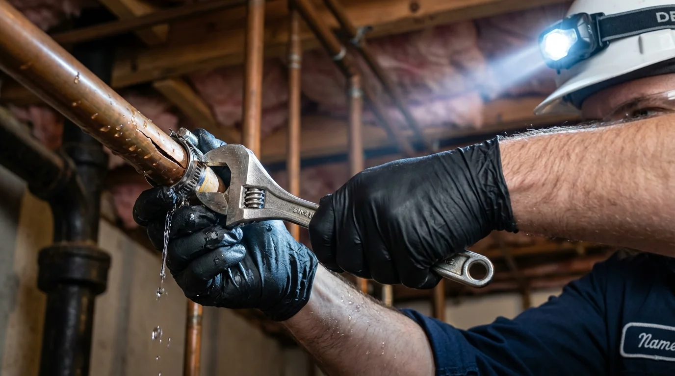 Emergency pipe clamp repair being performed by a Johns Plumbing LLC plumber in Ben Lomond