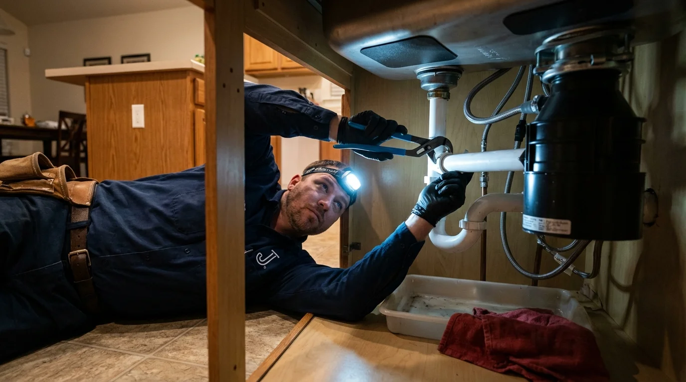 P-trap and supply line connections under a kitchen sink showing a common leak point in Ben Lomond, CA